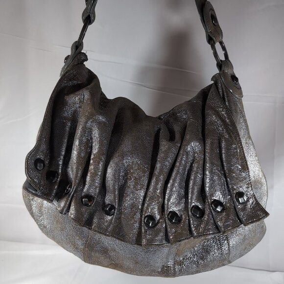 7 For All Mankind Leather Purse Shoulder Bag Silver Distressed Studded Hobo Flap - Picture 3 of 16